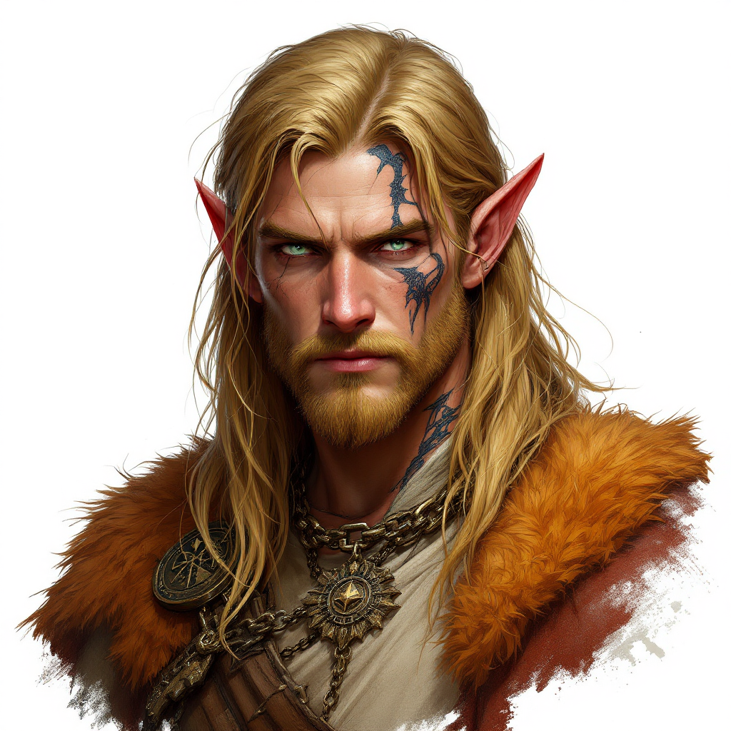 Dungeons and dragons character concept portrait. Male Barbarian, Elf race, The elf is a slender, athletic figure, standing about the same height as a human. Elves have bright eyes. Elves have angular features and angular eyes. Their hair long with loose hairstyle broad-shouldered and built for war, with golden hair that has gone unwashed, green eyes that have gone dull. He is bound to a stone altar by runic chains that suppress his power. He is wearing what he was sleeping in when they took him: plain linen, no armour. There are dark circles under his eyes from weeks of poor sleep before the kidnapping, and the faint outlines of where his beast-form has been pushing against his skin — a scar pattern of golden fur along his collarbone and jaw that appears when his control slips., scar on the face, with tattoos on the face, with long hair, , intricate, elegant, highly detailed, digital painting, artstation, concept art, smooth, sharp focus, illustration, art by stable diffusion ai's favorite artists