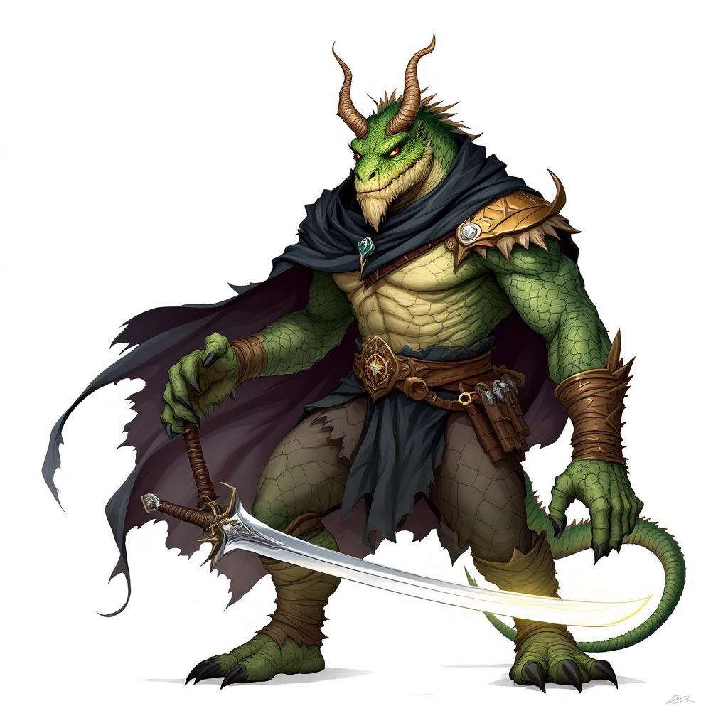 Dungeons and dragons character concept portrait. Male Fighter, Dragonborn race, The dragonborn is a tall and muscular humanoid, covered in fine, leather scales with larger scales on their forearms, legs, shoulders, and thighs. They have clawed hands and feet with three fingers and a thumb. Their face has a blunt snout, strong brow, and frills near the cheeks and ears. A crest of horn-like scales runs down the back of their head, resembling thick, ropy hair. Their eyes are red or gold He has the appearance of a green chameleon Lizard-folk. He wears the Cloak of Arachnida: A fine garment made of black silk interwoven with faint silvery threads, and under the cloak he wears common clothes . He is wielding A Sun Blade: a sword with a silver hilt and a blade of pure golden-white radiance that is thin as a wire. He has green eyes and a 1 single horn centered on his forehead., with green skin, , tech dnd character portrait, dnd tech character, highly detailed, high quality tech character, with technology elements, sci-fi dnd character