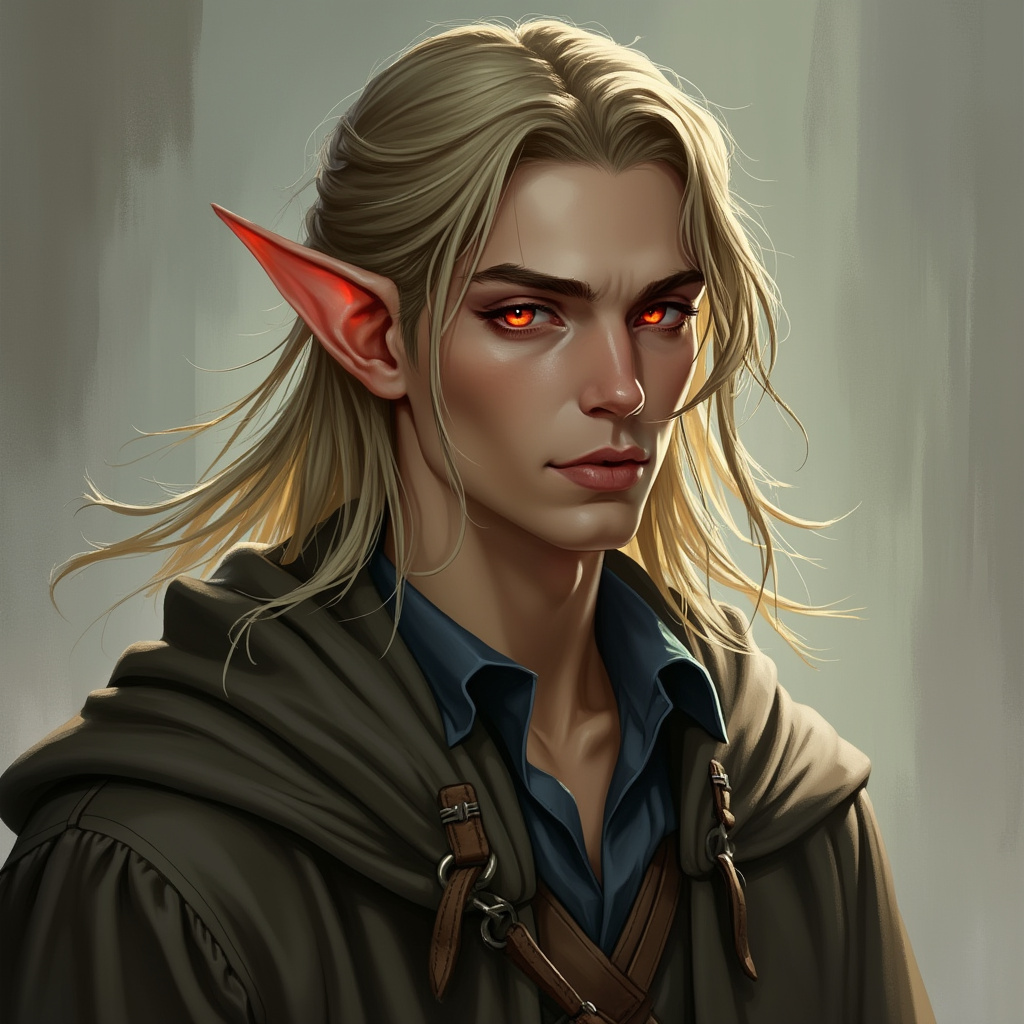 Dungeons and dragons character concept portrait. Male Sorcerer, Elf race, The elf is a slender, athletic figure, standing about the same height as a human. Elves have bright eyes. Elves have angular features and angular eyes. Their hair long with loose hairstyle with robe, with short hair, with red eyes,, , intricate, elegant, highly detailed, digital painting, artstation, concept art, smooth, sharp focus, illustration, art by stable diffusion ai's favorite artists