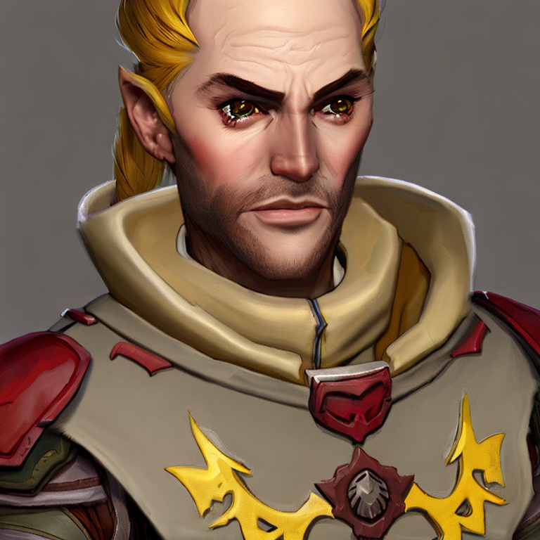 Dungeons and dragons character concept portrait. Male Human race, Good tendencies, Farmer profession, work clothes, farmer clothes, beige clothes, Working Class social class,  elf guard with red armor and yellow accents, small pointed ears,  front-facing portrait, medium shot, intricate, elegant, highly detailed, digital painting, artstation, concept art, smooth, sharp focus, illustration, art by stable diffusion ai's favorite artists