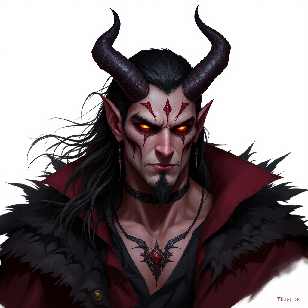 Dungeons and dragons character concept portrait. Male Warlock, Tiefling race, The tiefling is a tall and striking figure with a lean and muscular build. Sharp horns that grow amidst the hairline. Tieflings have glowing eyes which give them an otherworldly appearance. Tieflings favor bold clothing incorporating dark colors and intricate patterns a lean tiefling with mismatched horns and a tail that scolded him as often as it saved him, with tattoos on the face, with long hair, , intricate, elegant, highly detailed, digital painting, artstation, concept art, smooth, sharp focus, illustration, art by stable diffusion ai's favorite artists