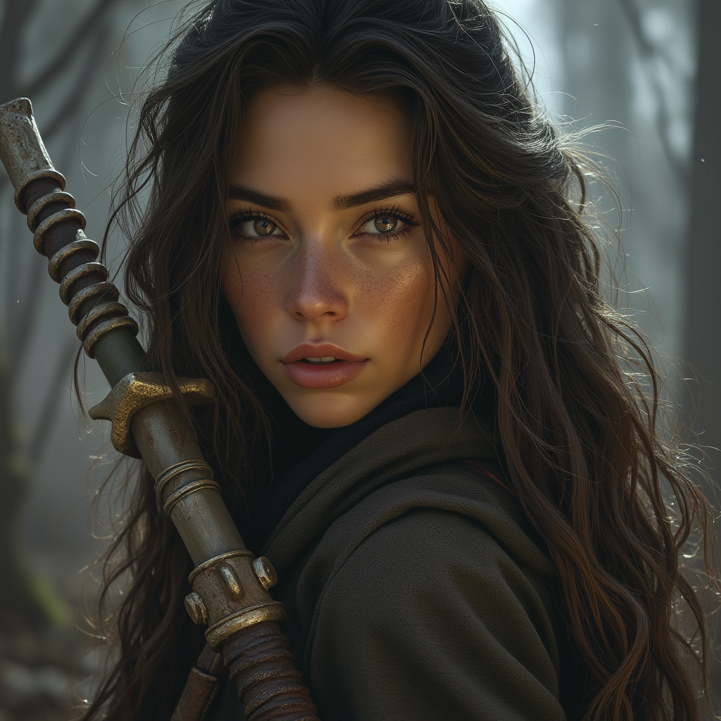 Dungeons and dragons character concept portrait. Female Rogue, Human race, Normal human anatomy and human face, non-fantasy features. Humans have strong jawline and rounded face features, with rounded eyes skinny human female rogue, , dnd photography, dnd live action, realistic dnd portrait, medium shot portrait, highly detailed, dynamic shot, 4k photo
