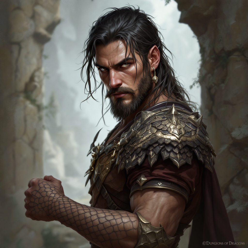 Dungeons and dragons character concept portrait. Male Barbarian, Human race, Normal human anatomy and human face, non-fantasy features. Humans have strong jawline and rounded face features, with rounded eyes a half-dragon smith with scales running up her left arm, , intricate, elegant, highly detailed, digital painting, artstation, concept art, smooth, sharp focus, illustration, art by stable diffusion ai's favorite artists