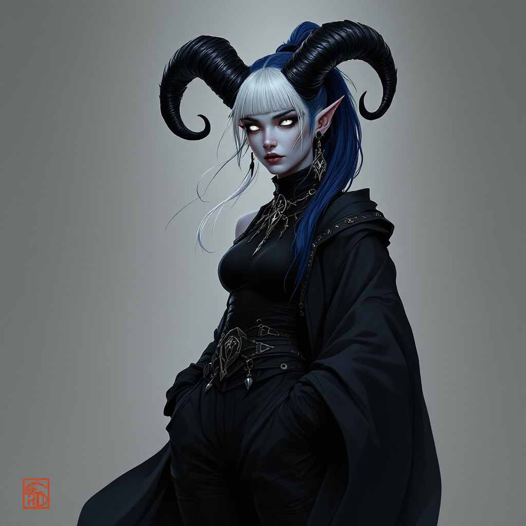 Dungeons and dragons character concept portrait. Female Sorcerer, Tiefling race, The tiefling is a tall and striking figure with a lean and muscular build. Sharp horns that grow amidst the hairline. Tieflings have glowing eyes which give them an otherworldly appearance. Tieflings favor bold clothing incorporating dark colors and intricate patterns Skin color pale blue tint. Her Clothing is fitted straight black cargo pants, black combat boots and a turtleneck tank top with a shadowy cloak. Hair is two-toned navy with white, in a long ponytail with straight-cut bangs across the forehead. Ears have many earrings that are spikes. She has a simple black septum piercing. Eyes are pale, glowing gray-blue. Facial expression is bored.  She has a soft rectangle face shape. Her horns are black and shaped like ram horns. She is standing with hands in her pockets, , dnd baroque character portrait, dnd character from the baroque era, baroque luxurious elements, baroque dramatic lighting, light and shadow contrast