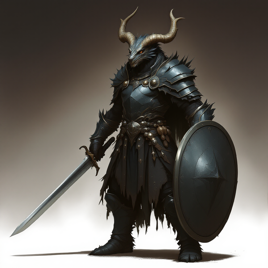 Dungeons and dragons character concept portrait. Male Barbarian, Human race, Normal human anatomy and human face, non-fantasy features. Humans have strong jawline and rounded face features, with rounded eyes Bronze dragon born wearing half plate adamantine armor, sword on back and shield. shadow sorcerer, horns low and curved in towards back of head. head looks like a dragon head body more human like , , intricate, elegant, highly detailed, digital painting, artstation, concept art, smooth, sharp focus, illustration, art by stable diffusion ai's favorite artists