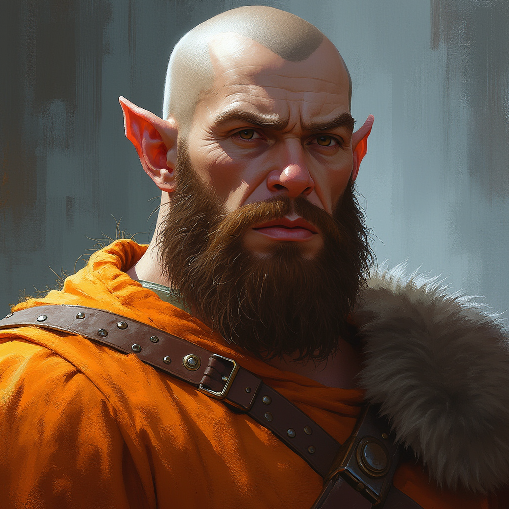 Dungeons and dragons character concept portrait. Male Barbarian, Human race, Normal human anatomy and human face, non-fantasy features. Humans have strong jawline and rounded face features, with rounded eyes tall masculine half orc, human looking, no beard, bald, orange clothes, brown eyes, , intricate, elegant, highly detailed, digital painting, artstation, concept art, smooth, sharp focus, illustration, art by stable diffusion ai's favorite artists
