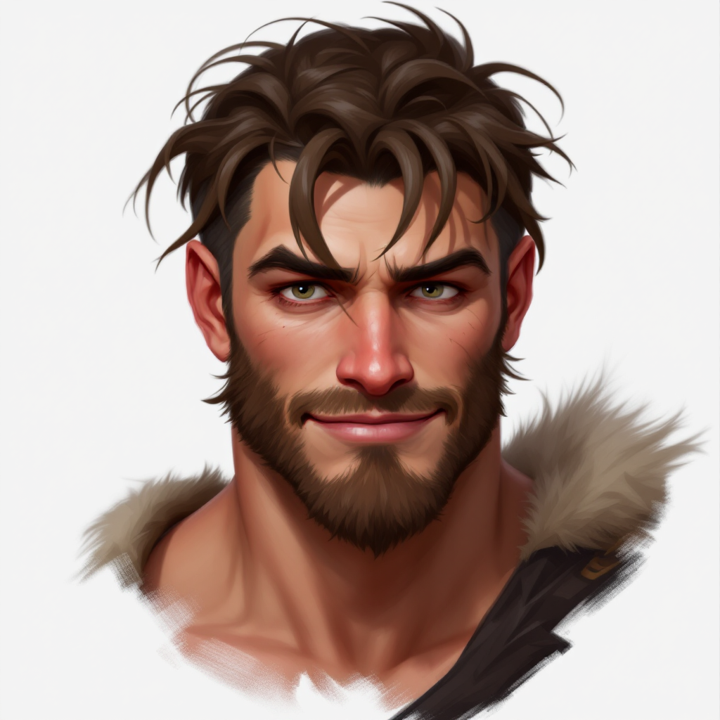 Dungeons and dragons character concept portrait. Male Barbarian, Human race, Normal human anatomy and human face, non-fantasy features. Humans have strong jawline and rounded face features, with rounded eyes Human A stocky youth with unruly hair, a smirking grin and scruffy face., , intricate, elegant, highly detailed, digital painting, artstation, concept art, smooth, sharp focus, illustration, art by stable diffusion ai's favorite artists