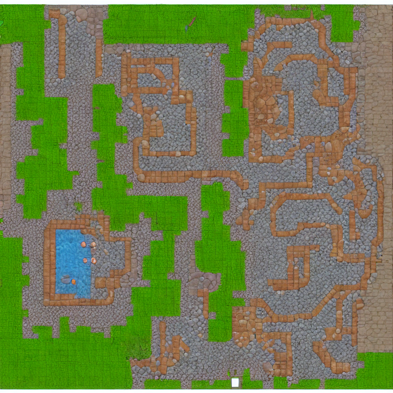 battlemap, rpg map, Size: 15x15 feet (3x3 squares)  Top-down colorful illustration of a grid-based detailed layout for a cave entrance. The room is smaller with rough terrain and some jagged stalagmites and stalactites. A winding tunnel snakes out from the entrance, leading deeper into the cave system. The floor is uneven with rocks scattered across, creating minor terrain hazards. Some small, rocky outcrops on the walls might be climbable, but are generally used to block movement. A faint light from the outside seeps in, making the shadows in this chamber feel eerie and foreboding.  Room 2 (Medium-Sized Room)  Size: 25x25 feet (5x5 squares)  Top-down colorful illustration of a grid-based detailed layout of a larger cavern with uneven rocky terrain. In the center of the room, a small pool of murky water sits, possibly a trap or an area to hide something. Several large rocky outcrops form uneven pathways and barriers, giving players limited maneuverability but options for cover or higher ground. The floor has patches of wetness, making it slippery in certain places. The natural light dims as the room has no direct exit, with only dim ambient light coming from cracks in the ceiling.  Room 3 (Antechamber)  Size: 15x15 feet (3x3 squares)  Top-down colorful illustration of a small, cramped passageway leading to other rooms in the cave. The chamber is narrow with walls that nearly touch the players. There's an archway leading to the next room, and some of the rocks jut out from the walls in such a way that movement becomes slightly restricted. The air feels stifling here, and the atmosphere is heavier as if this space is a threshold. Dim light from a small crack above gives just enough light to spot the moss growing along the walls and floor.  Room 4 (Medium-Sized Room with Iron Gate)  Size: 25x25 feet (5x5 squares)  Top-down colorful illustration of a grid-based detailed layout of a cave room with a large, rusty iron gate on the far wall. The room itself has uneven terrain with rocks scattered around, but the central focus is on the gate, which might require a key or a skill check to open. There's a narrow, winding passage to the side of the gate, but it’s blocked by large fallen rocks, forcing players to engage with the gate directly. The atmosphere feels tense and ominous, as if something is waiting beyond it. Cracks in the walls give just enough light for players to see the worn, aged surface of the gate and the faint, eerie glow of runes along its edges.  Room 5 (Altar Room)  Size: 20x20 feet (4x4 squares)  Top-down colorful illustration of a grid-based detailed layout of a cave altar room. The room is dominated by a large, ancient altar sitting in the center. Strange markings are etched into the walls, glowing faintly in the darkness, giving the room an unsettling ambiance. The altar itself has faded symbols of unknown origin, surrounded by bloodstains or old ritualistic items. The chamber is eerie, with a sense of unease that seems to grow stronger the closer one gets to the altar. A few ancient relics lie on the ground around the altar, possibly of interest to the players, but there’s a lingering, unholy presence. A narrow passage leads further into the depths of the cave., 