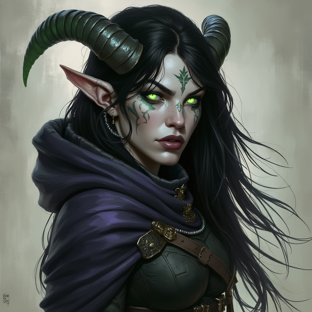 Dungeons and dragons character concept portrait. Female Rogue, Tiefling race, The tiefling is a tall and striking figure with a lean and muscular build. Sharp horns that grow amidst the hairline. Tieflings have glowing eyes which give them an otherworldly appearance. Tieflings favor bold clothing incorporating dark colors and intricate patterns black hair, green eyes, dark clothing with hood, with long hair, with tattoos on the face, , intricate, elegant, highly detailed, digital painting, artstation, concept art, smooth, sharp focus, illustration, art by stable diffusion ai's favorite artists