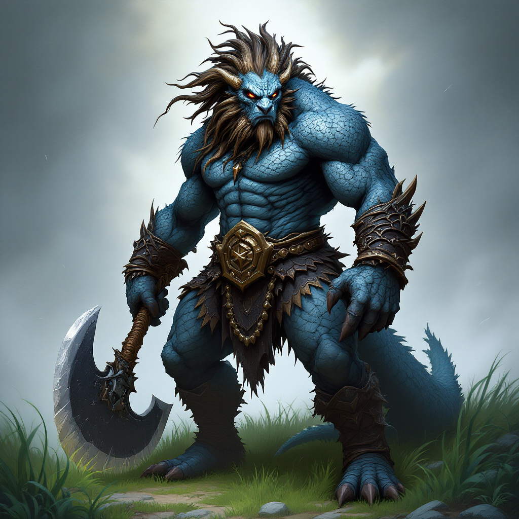 Dungeons and dragons character concept portrait. Male Barbarian, Dragonborn race, The dragonborn is a tall and muscular humanoid, covered in fine, leather scales with larger scales on their forearms, legs, shoulders, and thighs. They have clawed hands and feet with three fingers and a thumb. Their face has a blunt snout, strong brow, and frills near the cheeks and ears. A crest of horn-like scales runs down the back of their head, resembling thick, ropy hair. Their eyes are red or gold Gold eyes, blue skin, holding a greataxe, dragon scales all over, standing in green grassy wilderness, , intricate, elegant, highly detailed, digital painting, artstation, concept art, smooth, sharp focus, illustration, art by stable diffusion ai's favorite artists