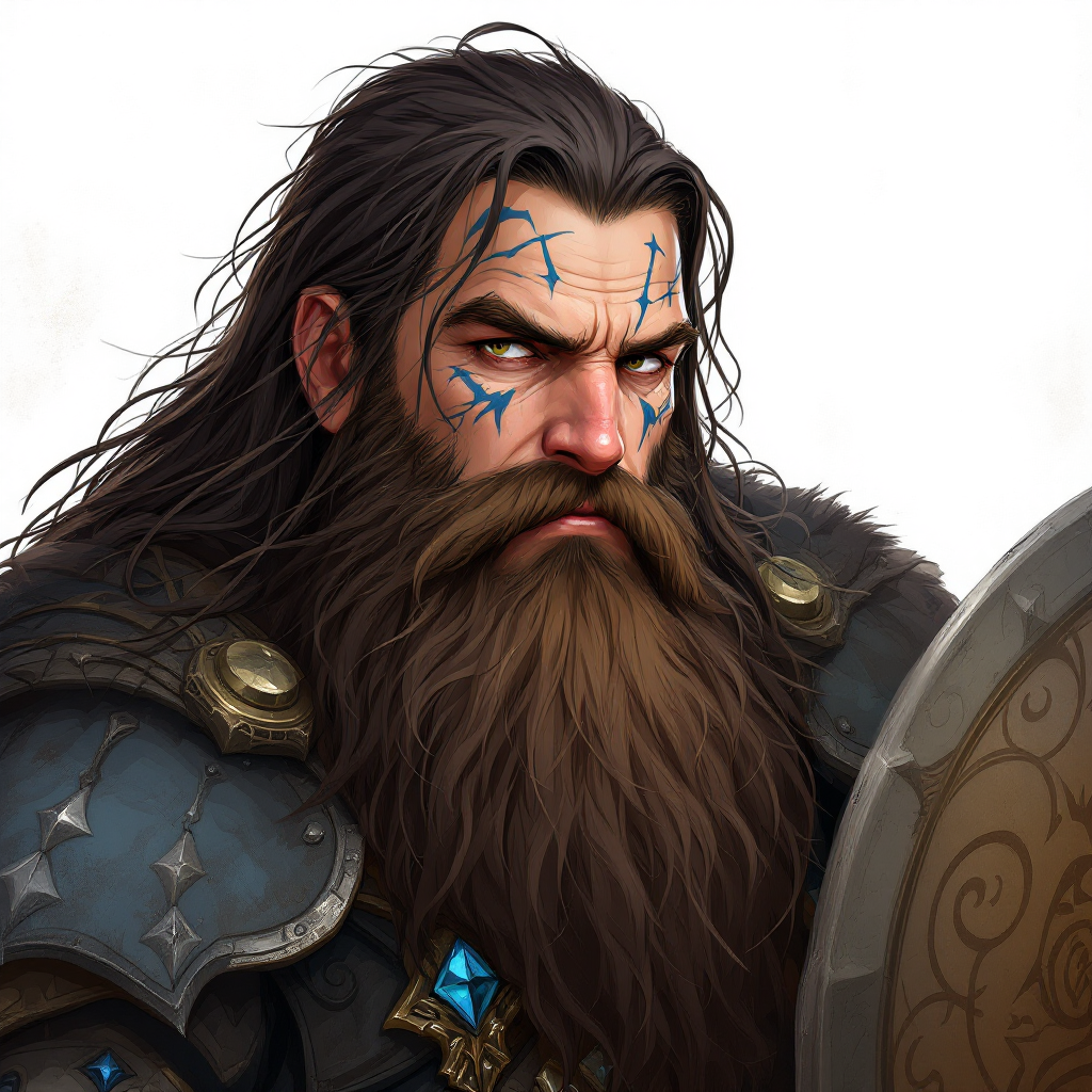 Dungeons and dragons character concept portrait. Male Cleric, Dwarf race, The dwarf is a short and broad figure. Dwarves have long hair. Dwarves have rounded face features. Their clothing and gear are decorated with bold geometric designs, gems, and ancestral faces Very short but stout dwarf with long dark beard. Swings an axe. Wields a shield , with long beard, with long hair, with long beard, with tattoos on the face, , old school dnd portrait, old school dnd character, traditional dnd character art, dungeons and dragons traditional art, 2d character drawing, colored drawing, colorful drawing
