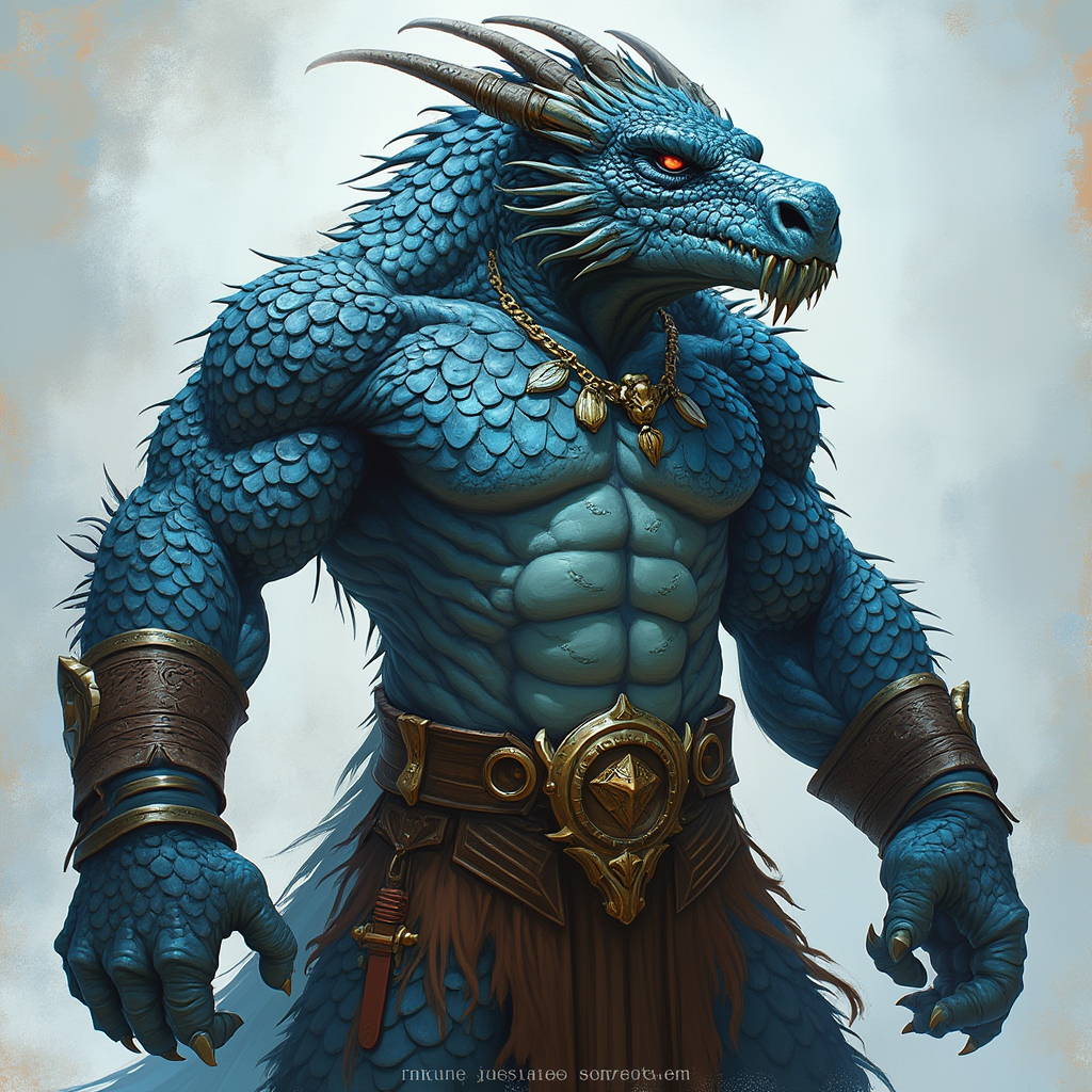 Dungeons and dragons character concept portrait. Male Barbarian, Dragonborn race, The dragonborn is a tall and muscular humanoid, covered in fine, leather scales with larger scales on their forearms, legs, shoulders, and thighs. They have clawed hands and feet with three fingers and a thumb. Their face has a blunt snout, strong brow, and frills near the cheeks and ears. A crest of horn-like scales runs down the back of their head, resembling thick, ropy hair. Their eyes are red or gold Sapphire scales with an obsidian colored belly with a fierce expression with Icy blue eyes, , intricate, elegant, highly detailed, digital painting, artstation, concept art, smooth, sharp focus, illustration, art by stable diffusion ai's favorite artists