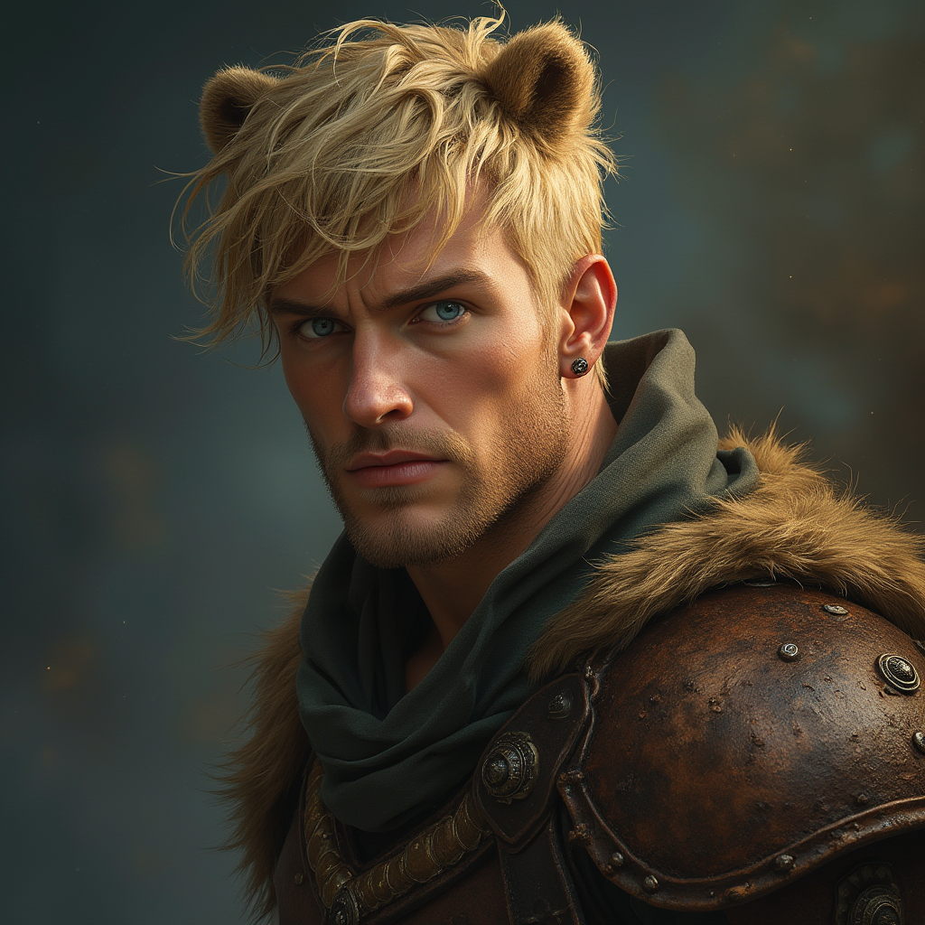 Dungeons and dragons character concept portrait. Male Fighter, Human race, Normal human anatomy and human face, non-fantasy features. Humans have strong jawline and rounded face features, with rounded eyes short blonde hair no facial hair happy blue eyes hansome shapeshifter bear shoulder and arm half man, , dnd photography, dnd live action, realistic dnd portrait, medium shot portrait, highly detailed, dynamic shot, 4k photo