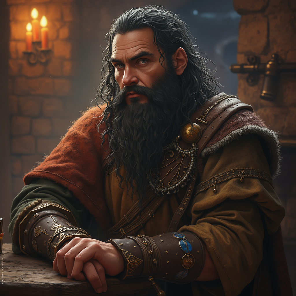 Dungeons and dragons character concept portrait. Male Fighter, Dwarf race, The dwarf is a short and broad figure. Dwarves have long hair. Dwarves have rounded face features. Their clothing and gear are decorated with bold geometric designs, gems, and ancestral faces older dwarf with dark hair sat at a tavern, , dnd photography, dnd live action, realistic dnd portrait, medium shot portrait, highly detailed, dynamic shot, 4k photo