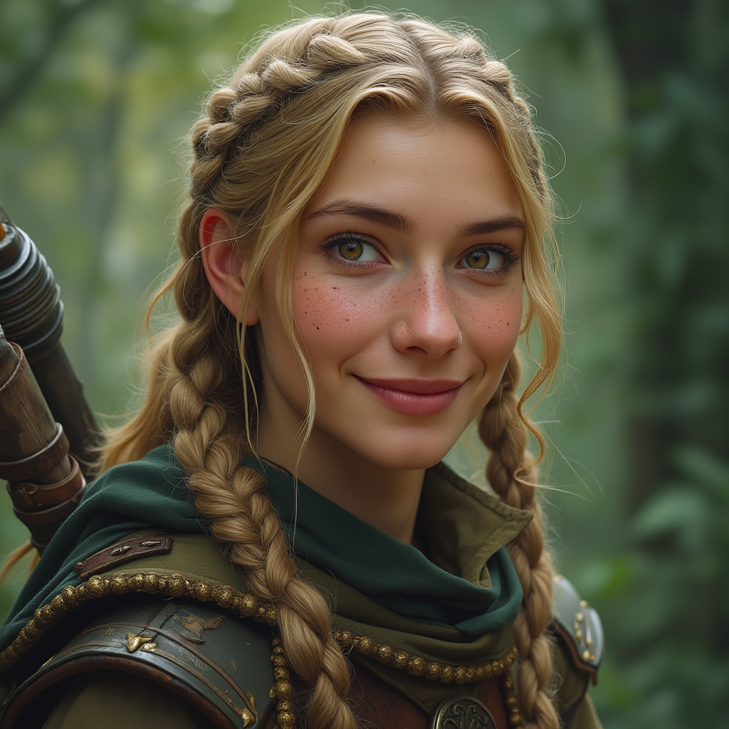Dungeons and dragons character concept portrait. Male Ranger, Human race, Normal human anatomy and human face, non-fantasy features. Humans have strong jawline and rounded face features, with rounded eyes Ceridwen, 35, a non-binary middle-aged human ranger with warm green-brown hazel eyes and golden hair worn in complex braids. androgynous features that look masculine. Happy and charismatic. photo-realistic. not attractive., , dnd photography, dnd live action, realistic dnd portrait, medium shot portrait, highly detailed, dynamic shot, 4k photo