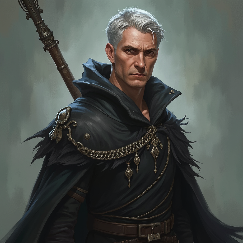 Dungeons and dragons character concept portrait. Male Warlock, Human race, Normal human anatomy and human face, non-fantasy features. Humans have strong jawline and rounded face features, with rounded eyes middle aged human male warlock glowing black eyes short grey hair no facial hair, , intricate, elegant, highly detailed, digital painting, artstation, concept art, smooth, sharp focus, illustration, art by stable diffusion ai's favorite artists