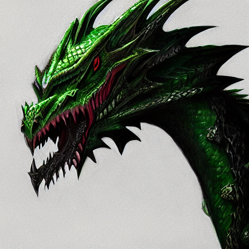 A portrait showing the  head of a dragon with Black scales, Green-eyed dragon, with long neck in the shape of an S, dragon with Green eyes, western dragon,  intricate, elegant, highly detailed, digital painting, artstation, concept art, smooth, sharp focus, illustration, epic fantasy, epic professional digital art by greg rutkowski