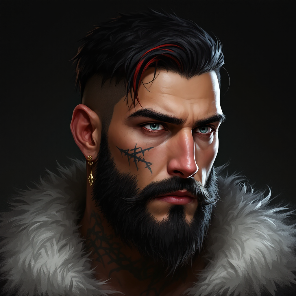 Dungeons and dragons character concept portrait. Male Fighter, Human race, Normal human anatomy and human face, non-fantasy features. Humans have strong jawline and rounded face features, with rounded eyes with short hair, with long beard, with black and red hair, with gray eyes, with pale skin, young, with tattoos on the face, , intricate, elegant, highly detailed, digital painting, artstation, concept art, smooth, sharp focus, illustration, art by stable diffusion ai's favorite artists
