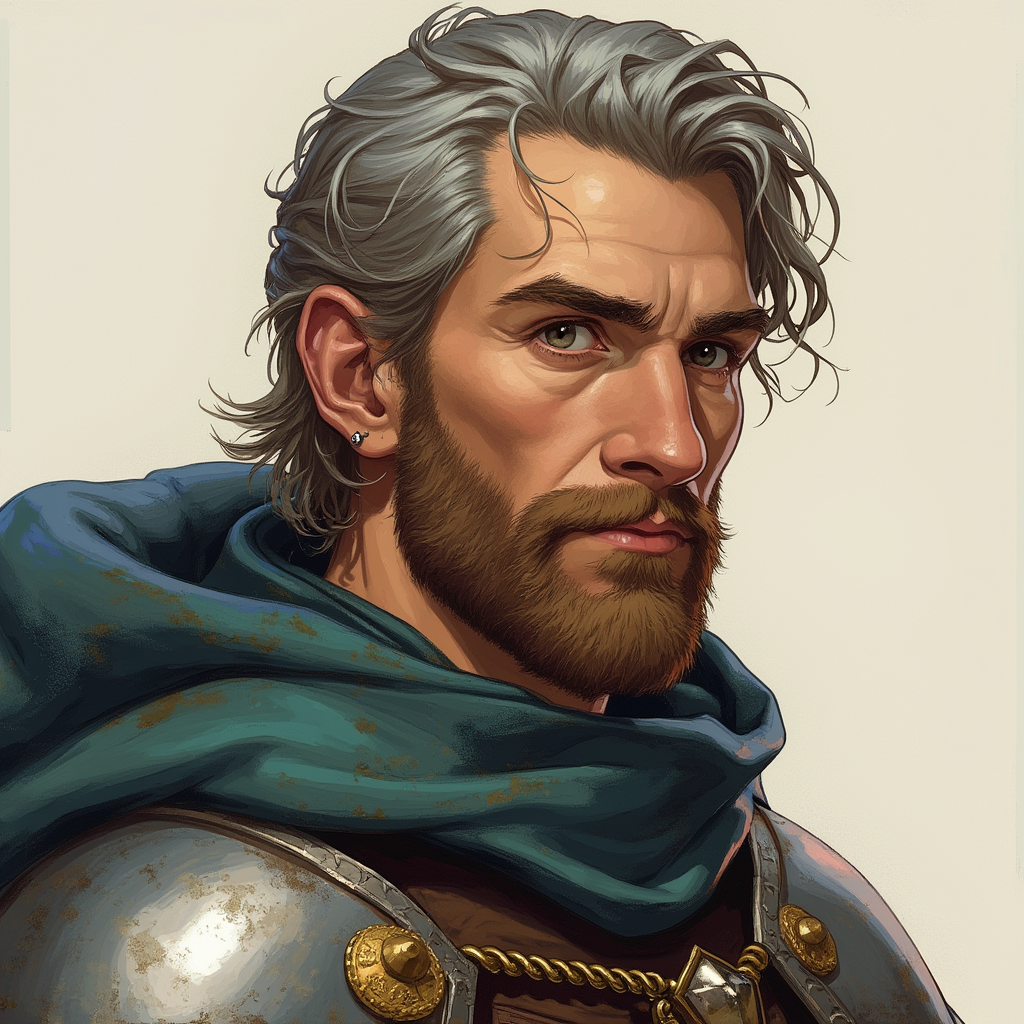 Dungeons and dragons character concept portrait. Male Fighter, Human race, Normal human anatomy and human face, non-fantasy features. Humans have strong jawline and rounded face features, with rounded eyes Dungeons and dragons character concept portrait. Male Fighter, Human race, Normal human anatomy and human face, non-fantasy features. Humans have strong jawline and rounded face features, with rounded eyes With grey hair, with brown hair, short beard, armor, duke, forty-years old, army general, , dnd hand drawing, dnd drawing portrait, dnd character drawing, highly detailed hand drawing, high quality character drawing, colored drawing, colorful drawing, light background, solid background, , dnd photography, dnd live action, realistic dnd portrait, medium shot portrait, highly detailed, dynamic shot, 4k photo