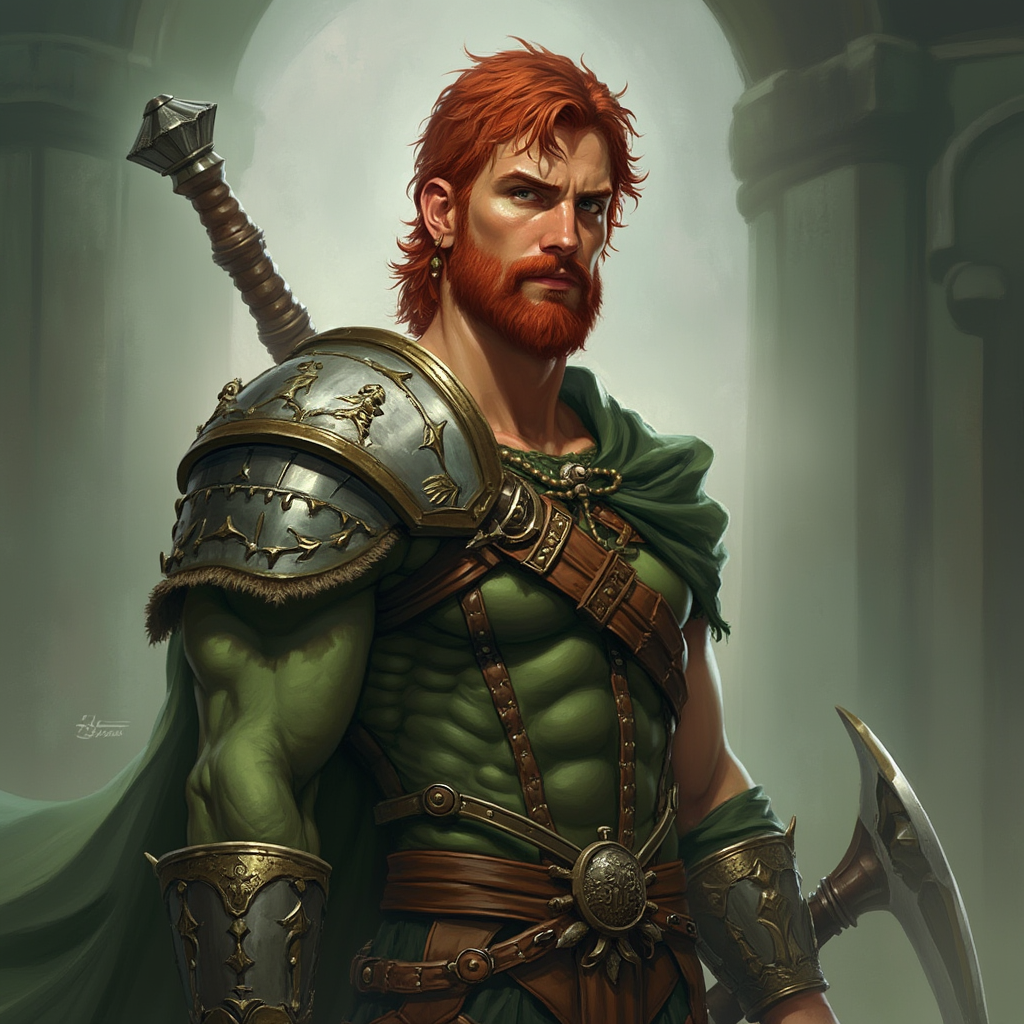 Dungeons and dragons character concept portrait. Male Barbarian, Human race, Normal human anatomy and human face, non-fantasy features. Humans have strong jawline and rounded face features, with rounded eyes with green skin red hair green eyes full length picture, , intricate, elegant, highly detailed, digital painting, artstation, concept art, smooth, sharp focus, illustration, art by stable diffusion ai's favorite artists