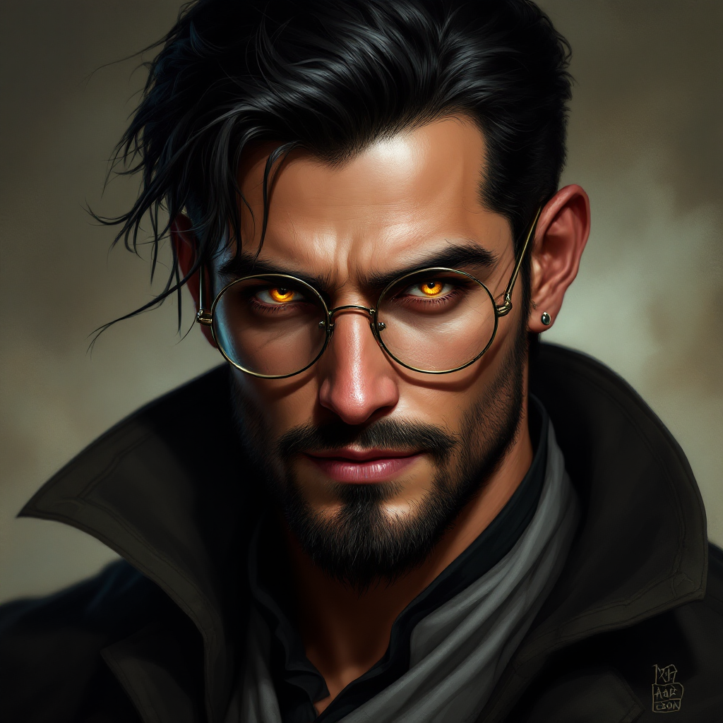 Dungeons and dragons character concept portrait. Male Warlock, Human race, Normal human anatomy and human face, non-fantasy features. Humans have strong jawline and rounded face features, with rounded eyes golden eyes, black hair, sun kissed skin, big round glasses, young, clean shaved, cruel smile, charming, , intricate, elegant, highly detailed, digital painting, artstation, concept art, smooth, sharp focus, illustration, art by stable diffusion ai's favorite artists