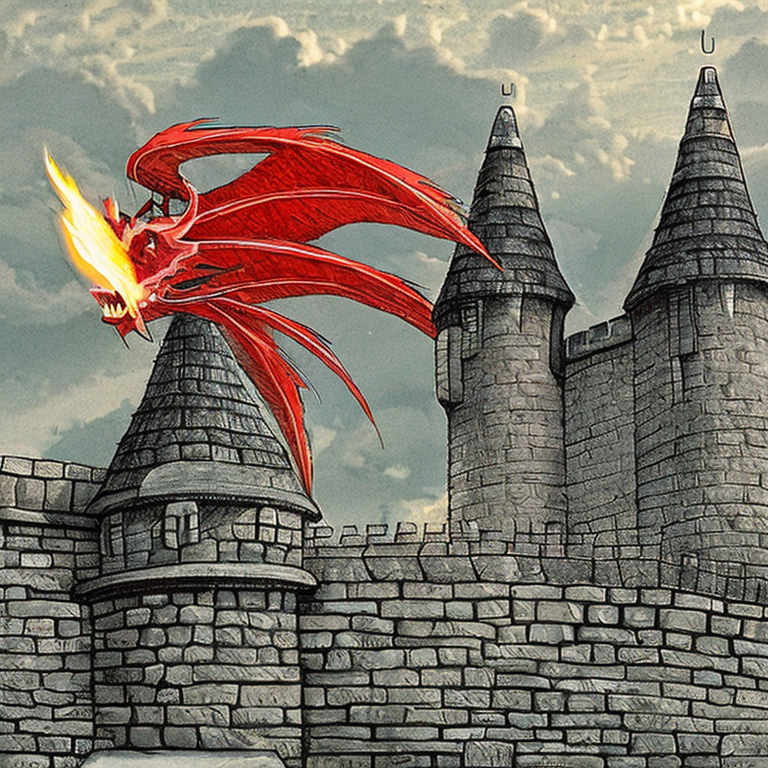 a red dragon breathing fire over a castle