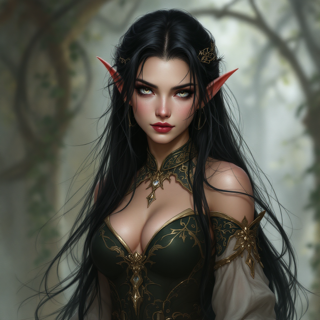 Dungeons and dragons character concept portrait. Female Bard, Half-Elf race, The half-elf is a tall, slender figure. They have a graceful appearance with high cheekbones. Their eyes are typically vibrant and round like human eyes Wisteria hair pin, long black hair, white eyes, , intricate, elegant, highly detailed, digital painting, artstation, concept art, smooth, sharp focus, illustration, art by stable diffusion ai's favorite artists
