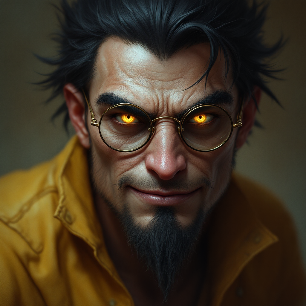 The humanoid is a versatile figure similar humans, with humanoid limbs with slight variations in features. They have an adaptable appearance reflecting a blend of different cultural styles and practical clothing. DnD Humanoid. Light-Brown Male monster  BLACK HAIR, GLOWING GOLDEN EYES, ROUND GLASSES, WARLOCK, CHARMING, CRUEL SMILE, . Dungeons and dragons monster concept portrait, intricate, elegant, highly detailed, digital painting, artstation, concept art, smooth, sharp focus, illustration, art by stable diffusion ai's favorite artists