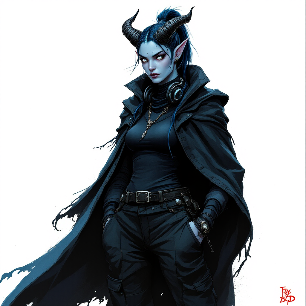 Dungeons and dragons character concept portrait. Female Sorcerer, Tiefling race, The tiefling is a tall and striking figure with a lean and muscular build. Sharp horns that grow amidst the hairline. Tieflings have glowing eyes which give them an otherworldly appearance. Tieflings favor bold clothing incorporating dark colors and intricate patterns Skin color pale blue tint. Her Clothing is fitted straight black cargo pants, black combat boots and a turtleneck tank top with a shadowy cloak. Hair is two-toned navy with white, in a long ponytail with straight-cut bangs across the forehead. Ears have many earrings that are spikes. She has a simple black septum piercing. Eyes are pale, glowing gray-blue. Facial expression is bored. Headphones are worn around her neck. She has a soft rectangle face shape. Her horns are black and shaped like ram horns. She is standing with hands in her pockets, , dnd hand drawing, dnd drawing portrait, dnd character drawing, highly detailed hand drawing, high quality character drawing, colored drawing, colorful drawing, light background, solid background