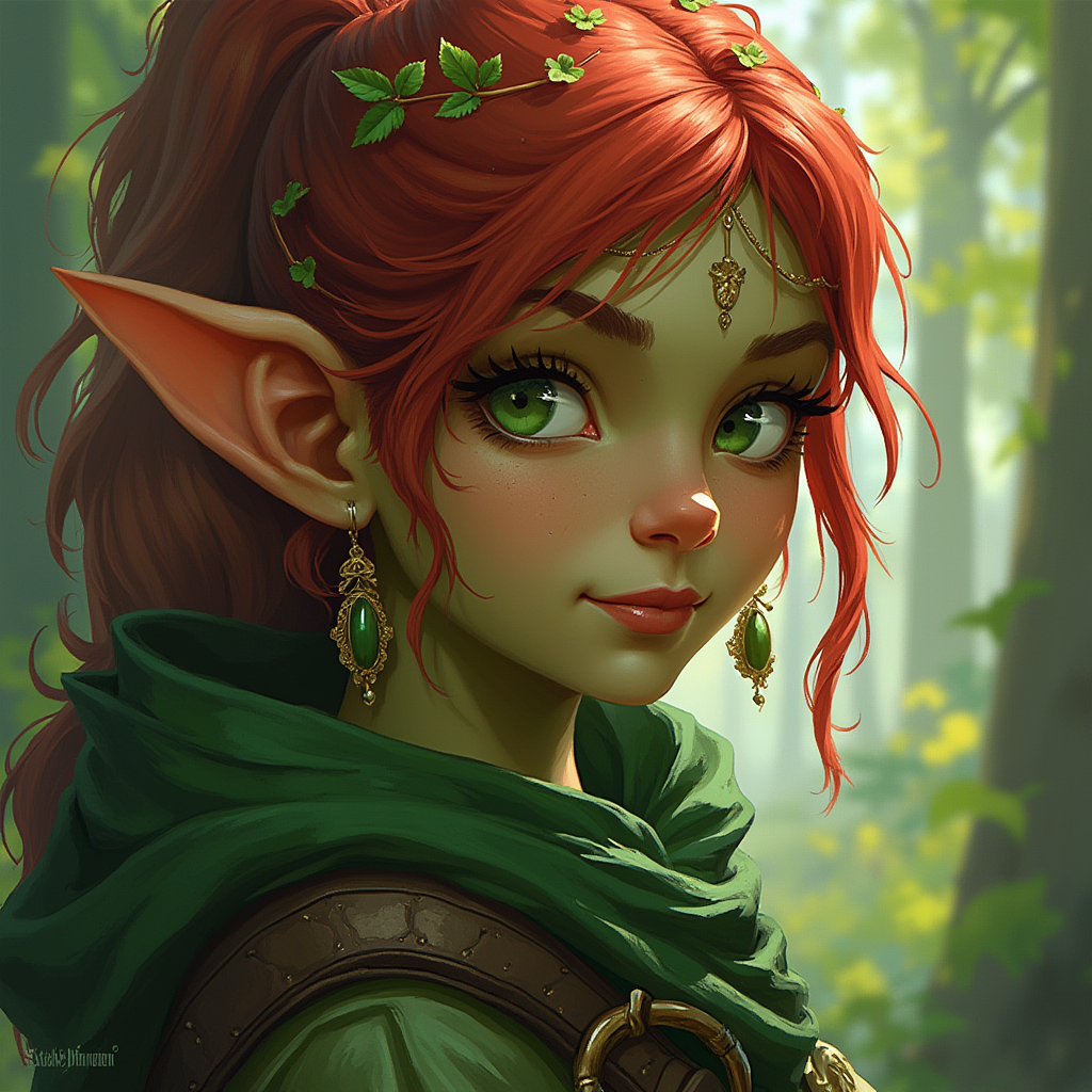 Dungeons and dragons character concept portrait. Female Ranger, Gnome race, The gnome have bright eyes, and an expressive demeanor. They use earrings. Gnomes favor colorful, mismatched clothing female forest gnome with green skin red hair and green eyes, ranger, , intricate, elegant, highly detailed, digital painting, artstation, concept art, smooth, sharp focus, illustration, art by stable diffusion ai's favorite artists