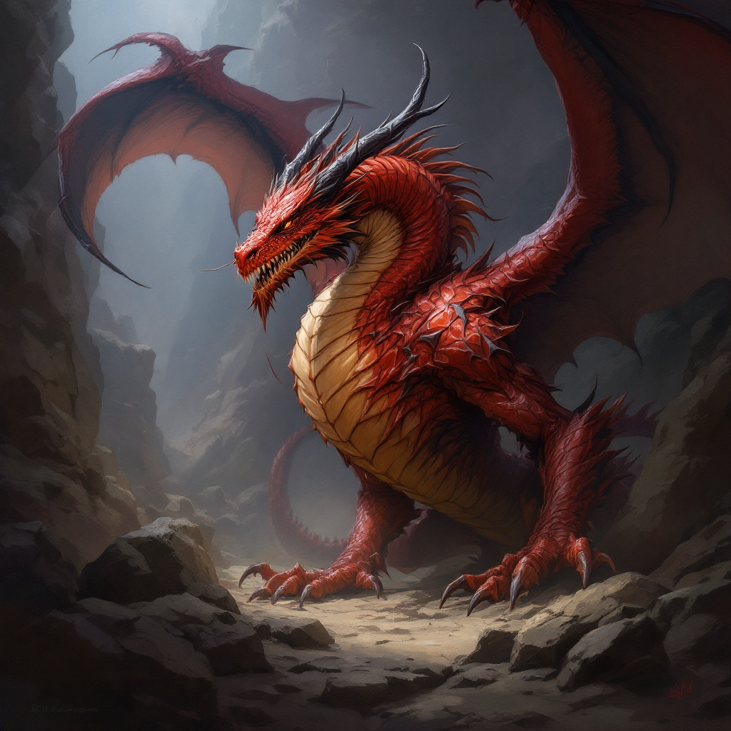 The DnD Monster is a menacing creature that represents a threat. DnD Monster. Red Male monster  A mid-sized male dragon, rust-red with black-tipped wings, . Dungeons and dragons monster concept portrait, intricate, elegant, highly detailed, digital painting, artstation, concept art, smooth, sharp focus, illustration, art by stable diffusion ai's favorite artists