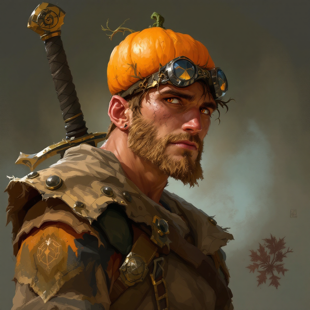 Dungeons and dragons character concept portrait. Male Fighter, Human race, Normal human anatomy and human face, non-fantasy features. Humans have strong jawline and rounded face features, with rounded eyes harvester farmer with pumpkin head with armor and sword and is tall, , dnd comics character drawing, dnd comics character, 2d comics drawing, marvel comics style character, dc comics style character