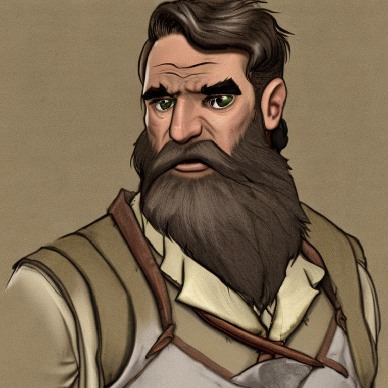 Dungeons and dragons character concept portrait. Male Human race, Good tendencies, Farmer profession, work clothes, farmer clothes, beige clothes, Working Class social class,  Garron is a stout dwarf with thick, ash-speckled hair and a perpetually grumpy expression. His brawny arms and the burns on his hands speak of decades of hard work. His voice is deep and gravelly, softened only when he talks about the quality of his craft.
,  front-facing portrait, medium shot, intricate, elegant, highly detailed, digital painting, artstation, concept art, smooth, sharp focus, illustration, art by stable diffusion ai's favorite artists