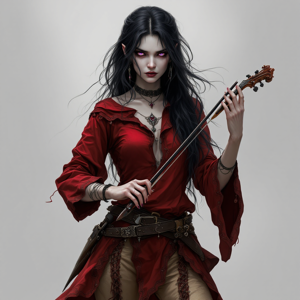 Dungeons and dragons character concept portrait. Female Bard, Drow race, The drow, or dark elf, is a slender figure, with dark gray to nearly black skin. Their hair is stark white or pale silver, contrasting sharply with their skin. Drow have sharp, angular features, and vibrant eyes and angular eyes. They wear dark, elegant clothing with intricate details reflecting their underground and mysterious origins Dungeons and dragons character full body portrait, Female,  a red colored gipsy shirt, beige leather laced pants.  30 year old female half drow elf bard, sad face, very long wavy black hair without any white hair, hears are not pointy, Dark purple eyes, grey skin. 160cm tall and is slim, holding a violin. one dagger and one scimitar on belt, No tatoos or marks. dnd photography, dnd live action, realistic dnd portrait,highly detailed, dynamic shot, 4k photo, , intricate, elegant, highly detailed, digital painting, artstation, concept art, smooth, sharp focus, illustration, art by stable diffusion ai's favorite artists