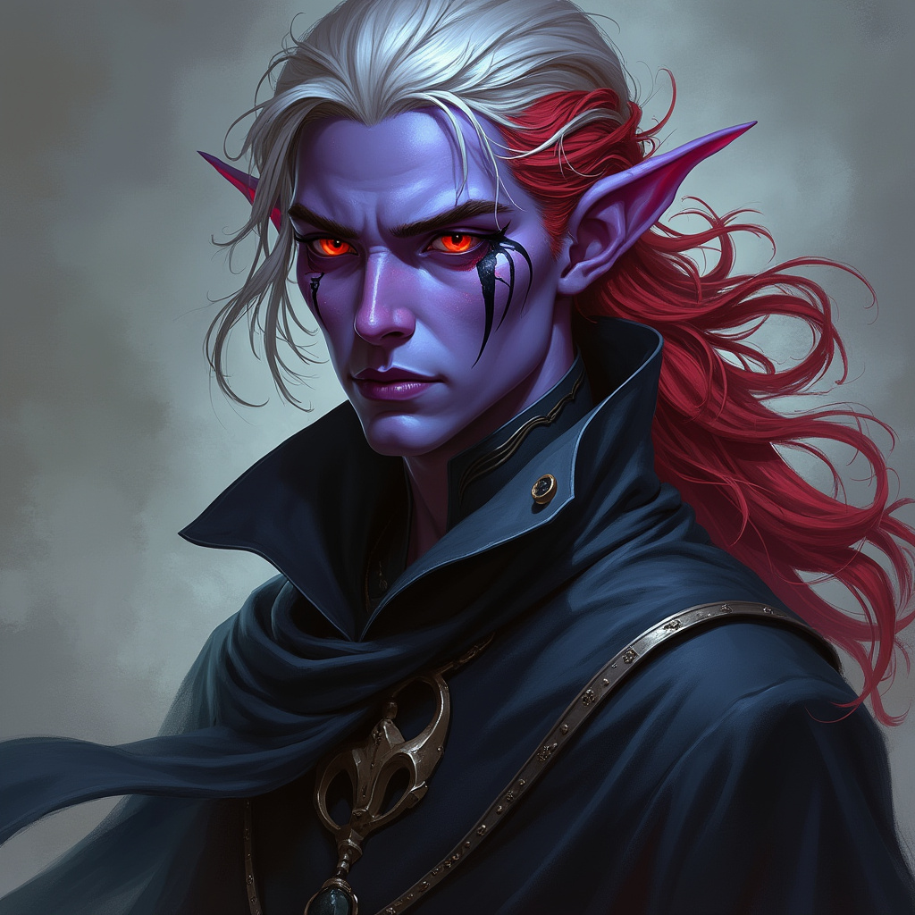 Dungeons and dragons character concept portrait. Male Sorcerer, Drow race, The drow, or dark elf, is a slender figure, with dark gray to nearly black skin. Their hair is stark white or pale silver, contrasting sharply with their skin. Drow have sharp, angular features, and vibrant eyes and angular eyes. They wear dark, elegant clothing with intricate details reflecting their underground and mysterious origins red dragon sorcerer, robe, purple skin, D&D, with tattoos on face, with red hair, , intricate, elegant, highly detailed, digital painting, artstation, concept art, smooth, sharp focus, illustration, art by stable diffusion ai's favorite artists