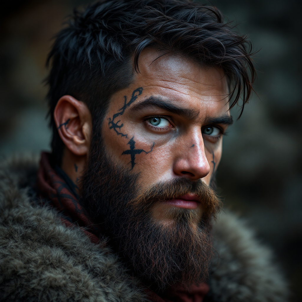 Dungeons and dragons character concept portrait. Male Fighter, Human race, Normal human anatomy and human face, non-fantasy features. Humans have strong jawline and rounded face features, with rounded eyes with short hair, with long beard, with black and red hair, with gray eyes, with pale skin, young, with tattoos on the face, , dnd photography, dnd live action, realistic dnd portrait, medium shot portrait, highly detailed, dynamic shot, 4k photo