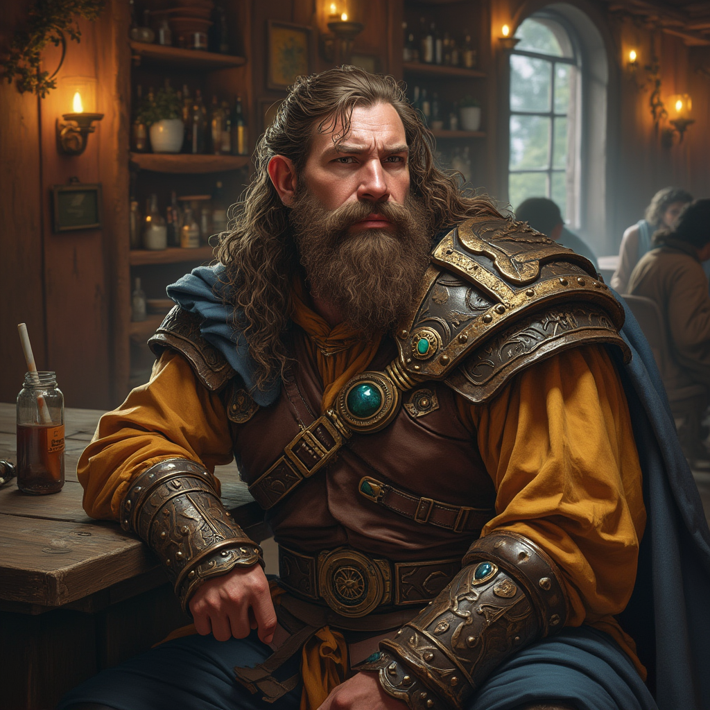 Dungeons and dragons character concept portrait. Male Fighter, Dwarf race, The dwarf is a short and broad figure. Dwarves have long hair. Dwarves have rounded face features. Their clothing and gear are decorated with bold geometric designs, gems, and ancestral faces dwarf realistic sat in tavern, , dnd photography, dnd live action, realistic dnd portrait, medium shot portrait, highly detailed, dynamic shot, 4k photo