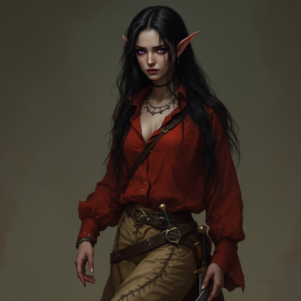 Dungeons and dragons character concept portrait. Female Bard, Half-Elf race, The half-elf is a tall, slender figure. They have a graceful appearance with high cheekbones. Their eyes are typically vibrant and round like human eyes hair is wavy very long and black with no white hair. dark grey skin. Dark purple eyes. Red shirt and beige laced leather pants. Holding nothing in hand. Full body portrait. dagger and scimitar holding on belt. Sad face. small hears, , intricate, elegant, highly detailed, digital painting, artstation, concept art, smooth, sharp focus, illustration, art by stable diffusion ai's favorite artists