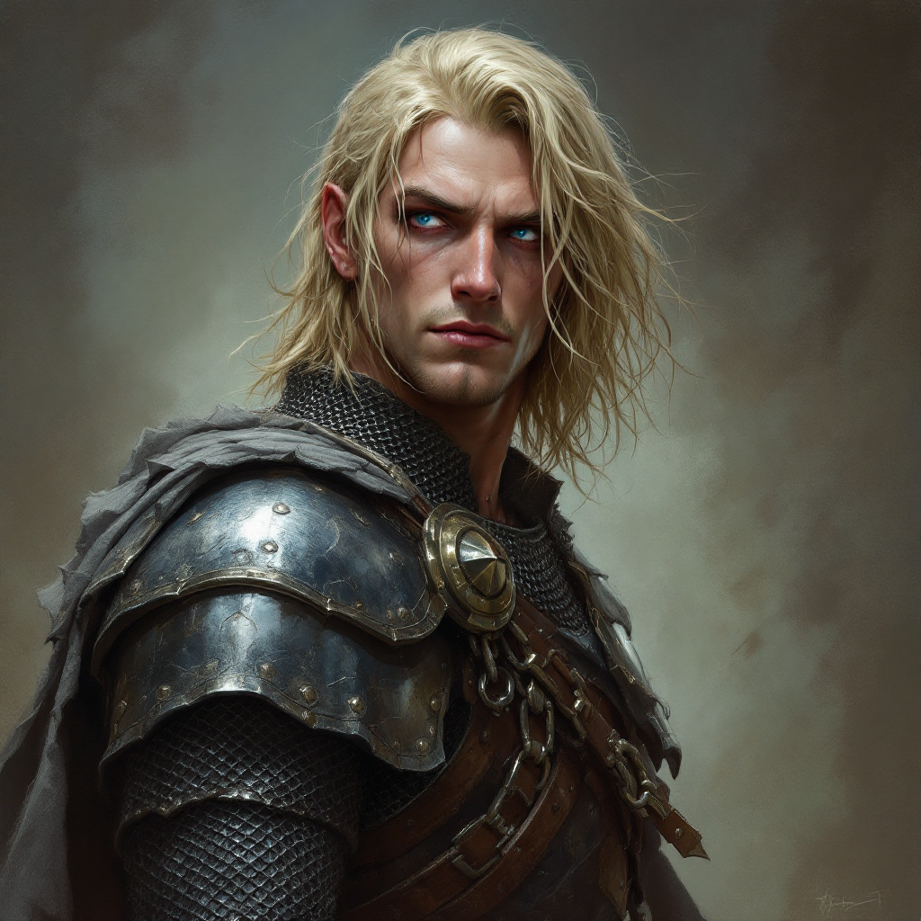 Dungeons and dragons character concept portrait. Male Fighter, Human race, Normal human anatomy and human face, non-fantasy features. Humans have strong jawline and rounded face features, with rounded eyes Very stupid ugly human male fighter in chainmail armor with blue eyes and blond hair, , intricate, elegant, highly detailed, digital painting, artstation, concept art, smooth, sharp focus, illustration, art by stable diffusion ai's favorite artists