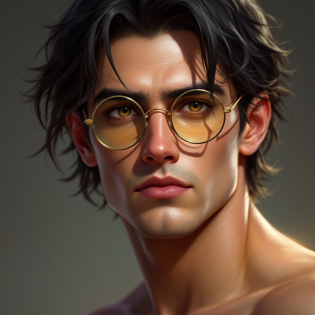 Dungeons and dragons character concept portrait. Male Warlock, Human race, Normal human anatomy and human face, non-fantasy features. Humans have strong jawline and rounded face features, with rounded eyes golden eyes, black hair, sun kissed skin, big round glasses, young, clean shaved, , intricate, elegant, highly detailed, digital painting, artstation, concept art, smooth, sharp focus, illustration, art by stable diffusion ai's favorite artists