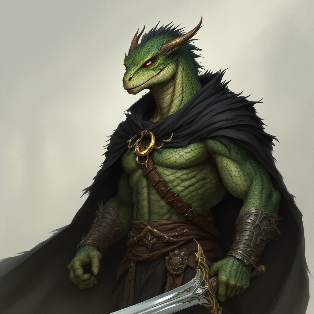 Dungeons and dragons character concept portrait. Male Fighter, Dragonborn race, The dragonborn is a tall and muscular humanoid, covered in fine, leather scales with larger scales on their forearms, legs, shoulders, and thighs. They have clawed hands and feet with three fingers and a thumb. Their face has a blunt snout, strong brow, and frills near the cheeks and ears. A crest of horn-like scales runs down the back of their head, resembling thick, ropy hair. Their eyes are red or gold He has the appearance of a green chameleon Lizard-folk. He wears the Cloak of Arachnida: A fine garment made of black silk interwoven with faint silvery threads, and under the cloak he wears common clothes . He is wielding A Sun Blade: a sword with a silver hilt and a blade of pure golden-white radiance that is thin as a wire. He has green eyes and a 1 single horn centered on his forehead., with green skin, , tech dnd character portrait, dnd tech character, highly detailed, high quality tech character, with technology elements, sci-fi dnd character