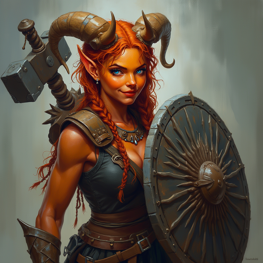 Dungeons and dragons character concept portrait. Female Paladin, Tiefling race, The tiefling is a tall and striking figure with a lean and muscular build. Sharp horns that grow amidst the hairline. Tieflings have glowing eyes which give them an otherworldly appearance. Tieflings favor bold clothing incorporating dark colors and intricate patterns Tiefling female, muscular and stocky, orange-gold skin, bright flamelike blue-white eyes, wavy fire red hair in messy braids, antler-like multi-tipped natural colored horns, UNARMORED, simple rugged clothing, a large hammer and carved wooden shield on her back, friendly smile, offering the viewer a blanket , , intricate, elegant, highly detailed, digital painting, artstation, concept art, smooth, sharp focus, illustration, art by stable diffusion ai's favorite artists