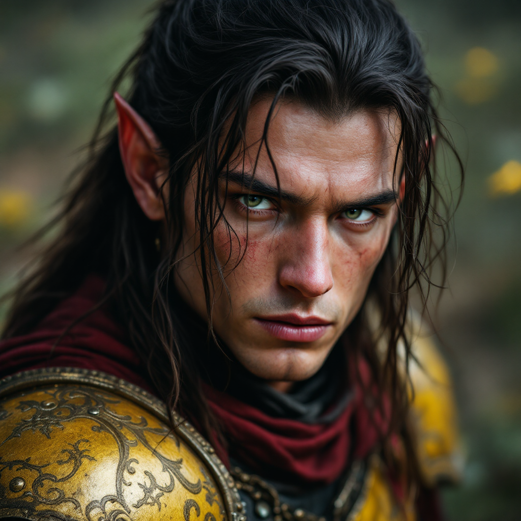 Dungeons and dragons character concept portrait. Male Fighter, Elf race, The elf is a slender, athletic figure, standing about the same height as a human. Elves have bright eyes. Elves have angular features and angular eyes. Their hair long with loose hairstyle elf guard in red and yellow plate armor, , dnd photography, dnd live action, realistic dnd portrait, medium shot portrait, highly detailed, dynamic shot, 4k photo
