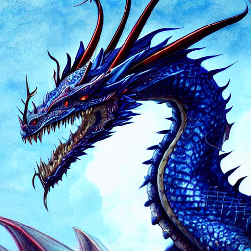 A portrait showing the  head of a dragon with White scales, Blue-eyed dragon, with long neck in the shape of an S, dragon with Blue eyes, western dragon, with curved horns, with spikes, three heads, ,  intricate, elegant, highly detailed, digital painting, artstation, concept art, smooth, sharp focus, illustration, epic fantasy, epic professional digital art by greg rutkowski