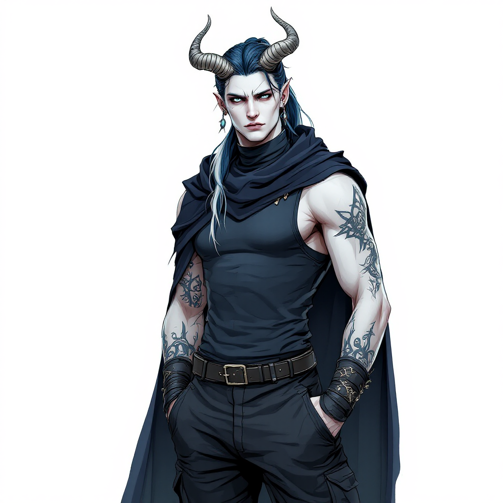 Dungeons and dragons character concept portrait. Male Barbarian, Human race, Normal human anatomy and human face, non-fantasy features. Humans have strong jawline and rounded face features, with rounded eyes Her Skin color pale blue tint. Her Clothing is fitted straight black cargo pants, black combat boots and a turtleneck tank top with a shadowy cloak. Hair is two-toned navy with white, in a long ponytail with straight-cut bangs across the forehead. Ears have many earrings that are spikes. She has a simple black septum piercing. Eyes are pale, glowing gray-blue. Facial expression is bored. She has an oval face shape. Her horns spiral upward and slightly back. Pose Standing with hands in pockets. With tattoos on arms, , dnd hand drawing, dnd drawing portrait, dnd character drawing, highly detailed hand drawing, high quality character drawing, colored drawing, colorful drawing, light background, solid background