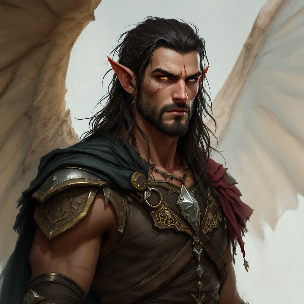 Dungeons and dragons character concept portrait. Male Barbarian, Elf race, The elf is a slender, athletic figure, standing about the same height as a human. Elves have bright eyes. Elves have angular features and angular eyes. Their hair long with loose hairstyle very tall, with long hair, scar on the face, dark hair, strong cheekbones, a square jaw shadowed with stubble, eyes hazel-brown with flecks of gold, he has enormous wings extending from his back and where's fighting leathers, , intricate, elegant, highly detailed, digital painting, artstation, concept art, smooth, sharp focus, illustration, art by stable diffusion ai's favorite artists
