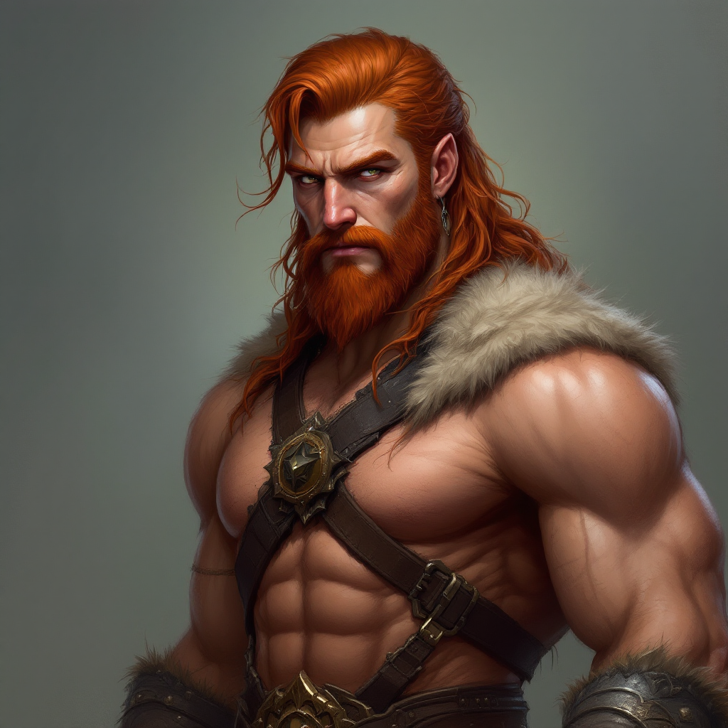 Dungeons and dragons character concept portrait. Male Barbarian, Human race, Normal human anatomy and human face, non-fantasy features. Humans have strong jawline and rounded face features, with rounded eyes auburn hair, brown eyes, fit, 30 years old, lively human bard, , intricate, elegant, highly detailed, digital painting, artstation, concept art, smooth, sharp focus, illustration, art by stable diffusion ai's favorite artists
