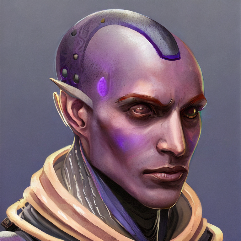 Male Alien portrait, sci-fi, texture, character concept art. genderless human-robot hybrid who is highly rationally intelligent but very shy with purple skin,  intricate, elegant, highly detailed, digital painting, artstation, concept art, smooth, sharp focus, illustration, art by stable diffusion ai's favorite artists