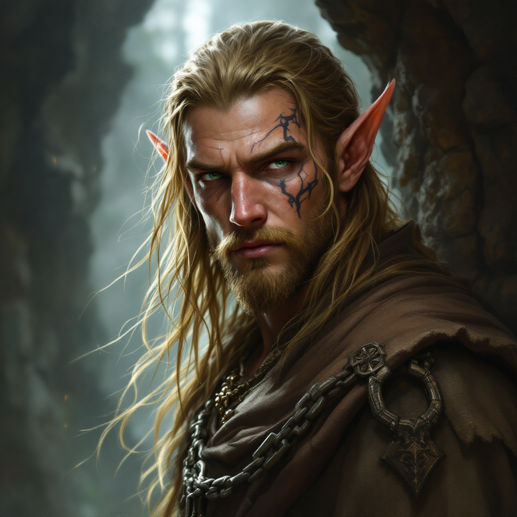 Dungeons and dragons character concept portrait. Male Barbarian, Elf race, The elf is a slender, athletic figure, standing about the same height as a human. Elves have bright eyes. Elves have angular features and angular eyes. Their hair long with loose hairstyle broad-shouldered and built for war, with golden hair that has gone unwashed, green eyes that have gone dull. He is bound to a stone altar by runic chains that suppress his power. He is wearing what he was sleeping in when they took him: plain linen, no armour. There are dark circles under his eyes from weeks of poor sleep before the kidnapping, and the faint outlines of where his beast-form has been pushing against his skin — a scar pattern of golden fur along his collarbone and jaw that appears when his control slips., scar on the face, with tattoos on the face, with long hair, , intricate, elegant, highly detailed, digital painting, artstation, concept art, smooth, sharp focus, illustration, art by stable diffusion ai's favorite artists