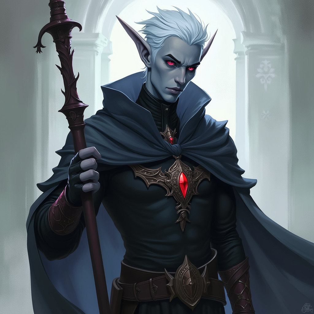 Dungeons and dragons character concept portrait. Male Sorcerer, Drow race, The drow, or dark elf, is a slender figure, with dark gray to nearly black skin. Their hair is stark white or pale silver, contrasting sharply with their skin. Drow have sharp, angular features, and vibrant eyes and angular eyes. They wear dark, elegant clothing with intricate details reflecting their underground and mysterious origins with robe, with short hair, with red eyes, , intricate, elegant, highly detailed, digital painting, artstation, concept art, smooth, sharp focus, illustration, art by stable diffusion ai's favorite artists